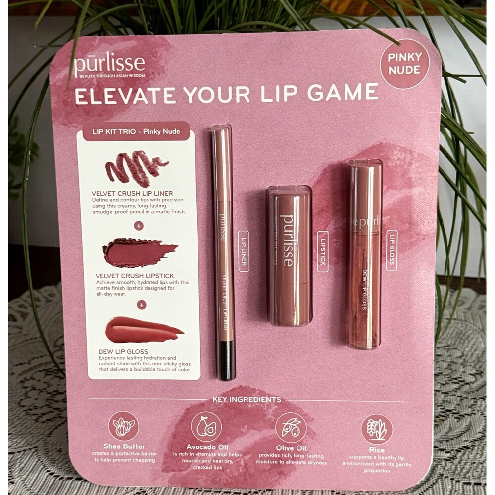 Purlisse Lip Kit Trio PINKY Nude Elevate Your Lip Game 3 Piece Set BNIB